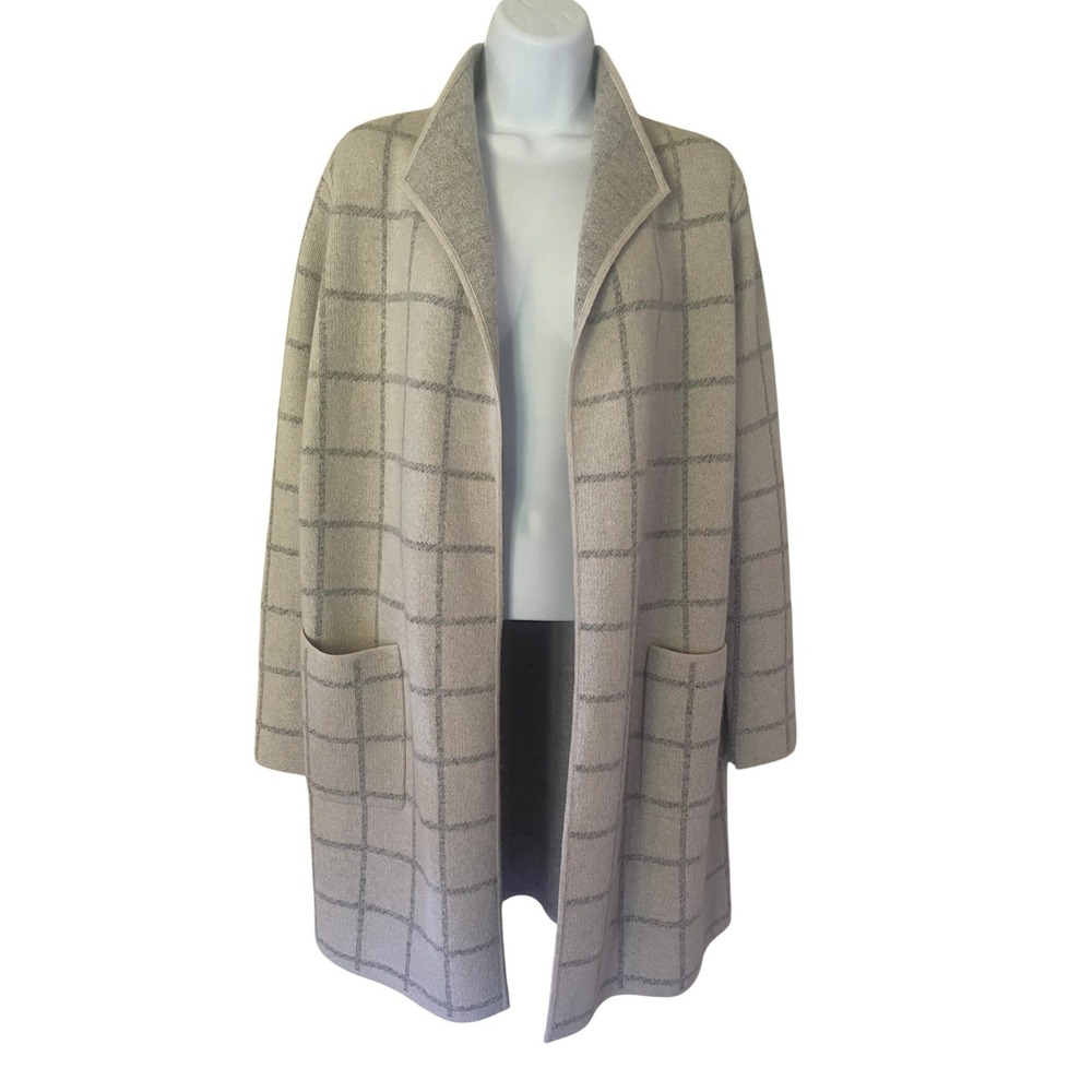 Kinross Cashmere Women Grey Beige Windowpane Plaid Open Front Cardigan Coat M